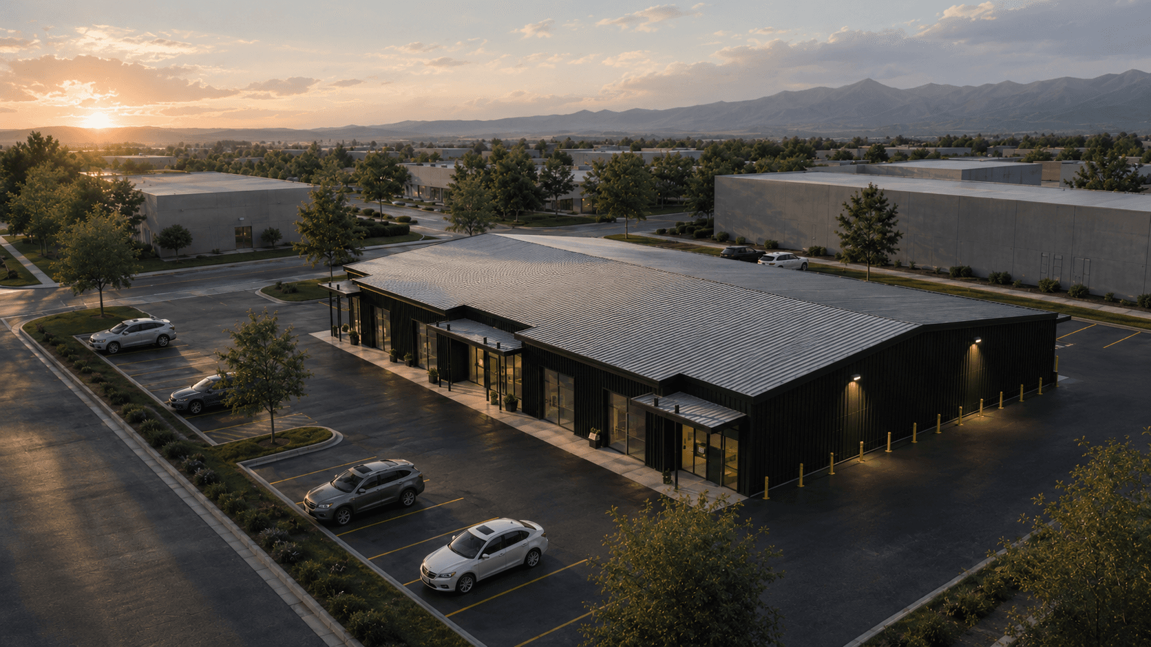 Exterior rendering of the flex-space building at sunset